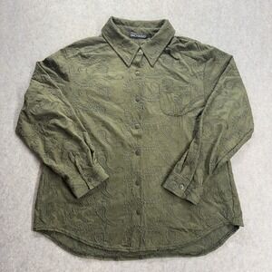 Women's Large Vintage Embroidery Texture Blouse Green Button Up Cottagecore Boho